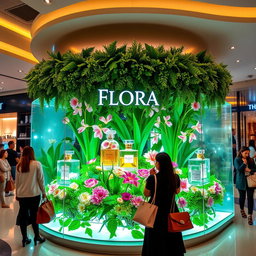 A vibrant and elegant scene inside a modern shopping mall, showcasing a luxurious perfume display named 'Flora'
