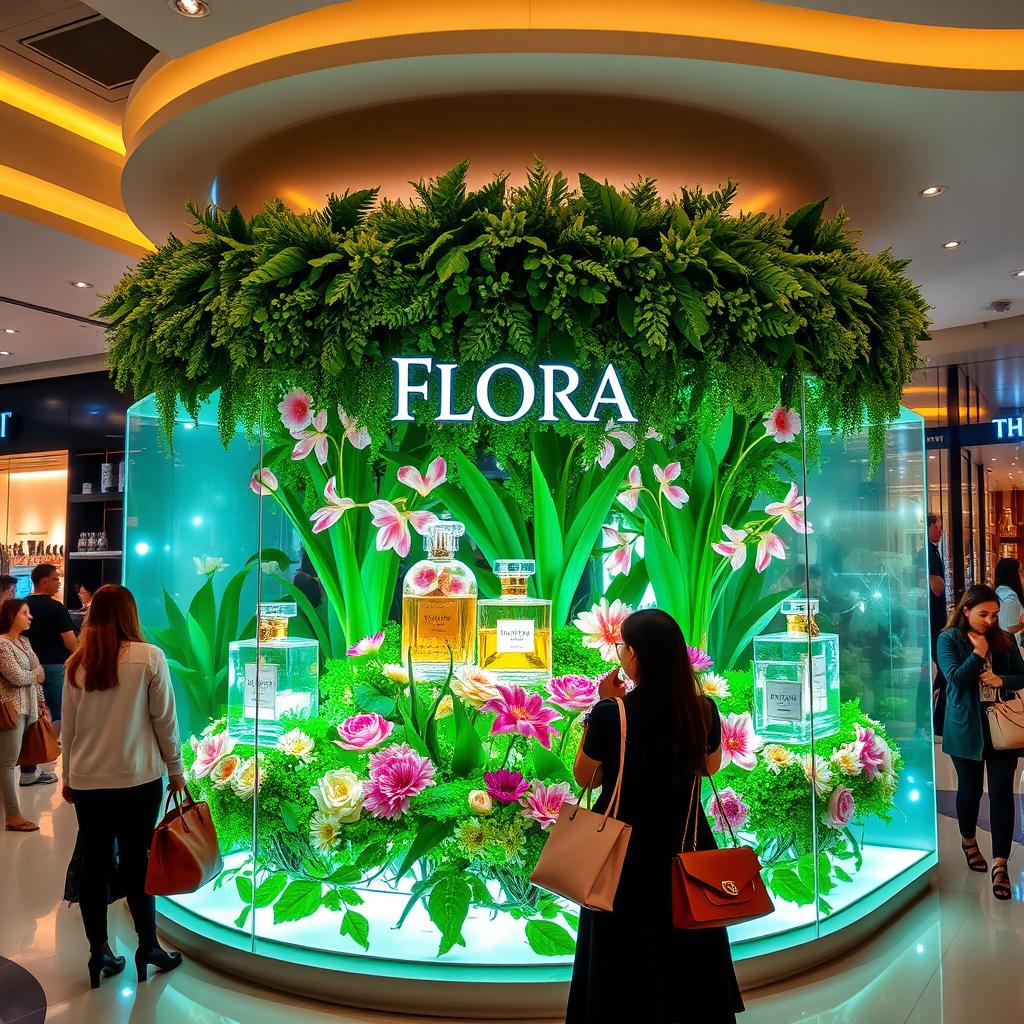 A vibrant and elegant scene inside a modern shopping mall, showcasing a luxurious perfume display named 'Flora'