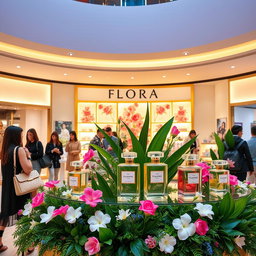 A vibrant and elegant scene inside a modern shopping mall, showcasing a luxurious perfume display named 'Flora'