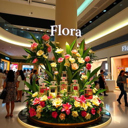 A vibrant and elegant scene inside a modern shopping mall, showcasing a luxurious perfume display named 'Flora'