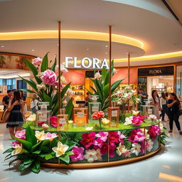 A vibrant and elegant scene inside a modern shopping mall, showcasing a luxurious perfume display named 'Flora'