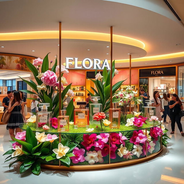 A vibrant and elegant scene inside a modern shopping mall, showcasing a luxurious perfume display named 'Flora'