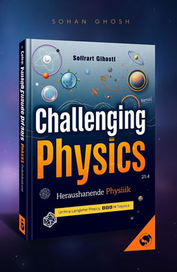A book cover design for a physics book titled 'Challenging Physics' by Sohan Ghosh, featuring a thoughtful and modern design