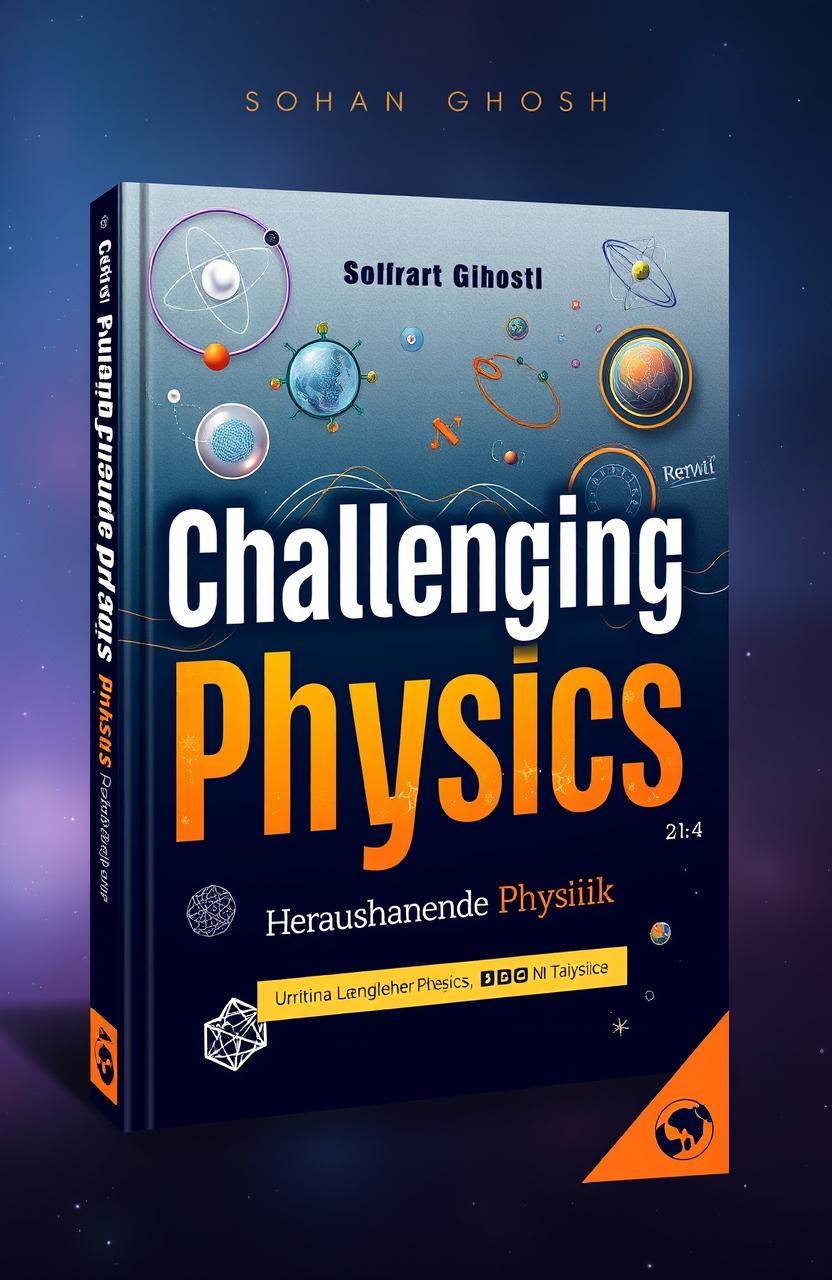 A book cover design for a physics book titled 'Challenging Physics' by Sohan Ghosh, featuring a thoughtful and modern design