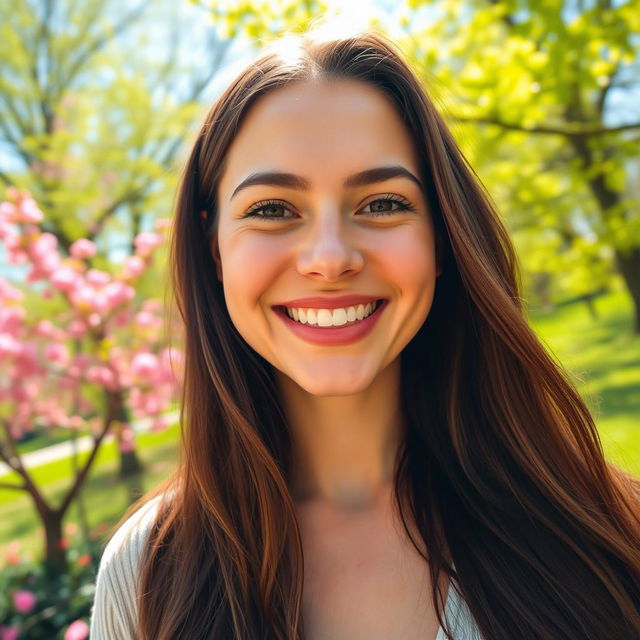 A close-up portrait of a beautiful woman, smiling and enjoying a sunny day in a bright, colorful park