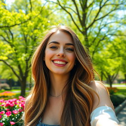 A close-up portrait of a beautiful woman, smiling and enjoying a sunny day in a bright, colorful park