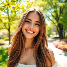 A close-up portrait of a beautiful woman, smiling and enjoying a sunny day in a bright, colorful park