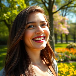 A close-up portrait of a beautiful woman, smiling and enjoying a sunny day in a bright, colorful park