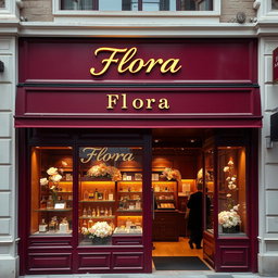 A charming and elegant perfume store named 'Flora' featuring a maroon color scheme