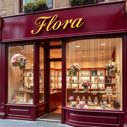 A charming and elegant perfume store named 'Flora' featuring a maroon color scheme
