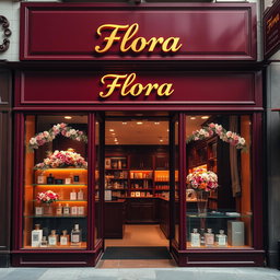 A charming and elegant perfume store named 'Flora' featuring a maroon color scheme