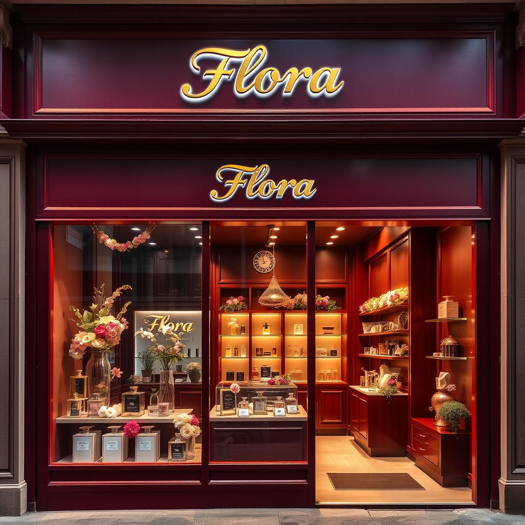 A charming and elegant perfume store named 'Flora' featuring a maroon color scheme