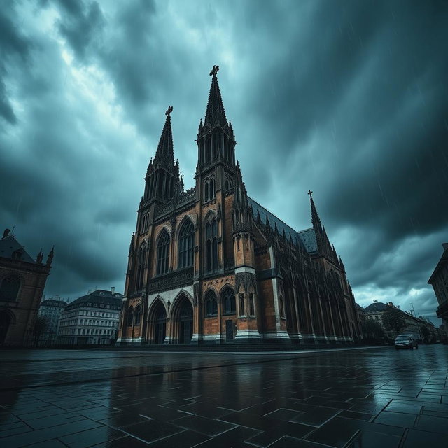 A dark gothic cathedral resembling Notre Dame, set against a moody sky with heavy rain pouring down, the intricate stonework glistening with wetness