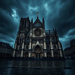 A dark gothic cathedral resembling Notre Dame, set against a moody sky with heavy rain pouring down, the intricate stonework glistening with wetness