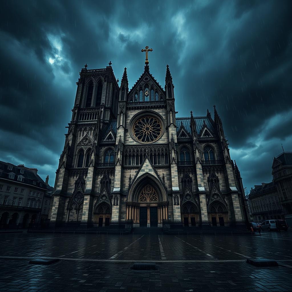 A dark gothic cathedral resembling Notre Dame, set against a moody sky with heavy rain pouring down, the intricate stonework glistening with wetness