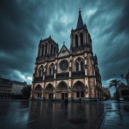 A dark gothic cathedral resembling Notre Dame, set against a moody sky with heavy rain pouring down, the intricate stonework glistening with wetness