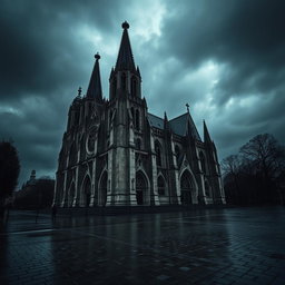 A dark gothic cathedral resembling Notre Dame, set against a moody sky with heavy rain pouring down, the intricate stonework glistening with wetness