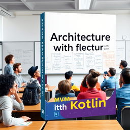 A book cover design about "MVVM Architecture with Kotlin" featuring a dynamic classroom scene where students are engaged in animated discussions about programming concepts