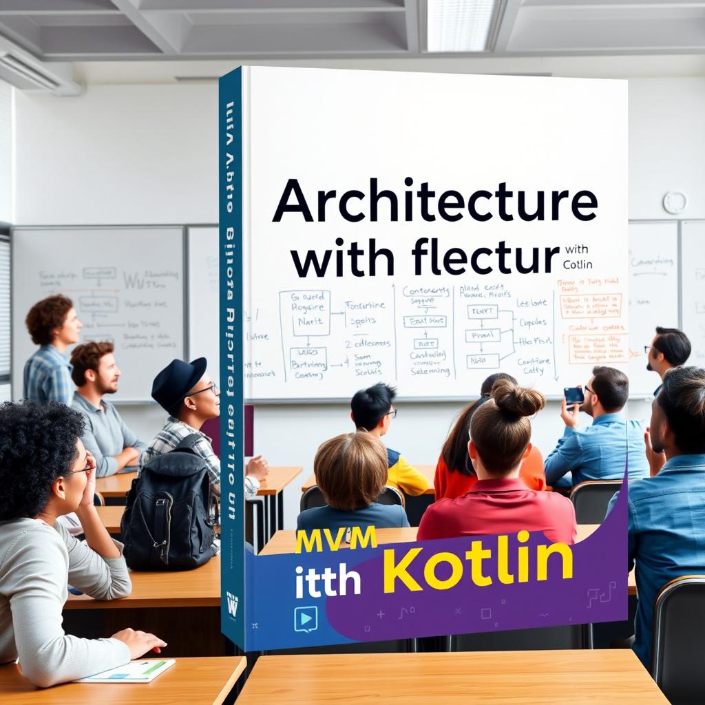 A book cover design about "MVVM Architecture with Kotlin" featuring a dynamic classroom scene where students are engaged in animated discussions about programming concepts