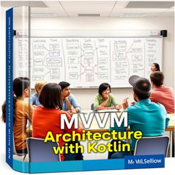A book cover design about "MVVM Architecture with Kotlin" featuring a dynamic classroom scene where students are engaged in animated discussions about programming concepts