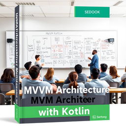 A book cover design about "MVVM Architecture with Kotlin" featuring a dynamic classroom scene where students are engaged in animated discussions about programming concepts
