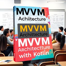 A book cover design about "MVVM Architecture with Kotlin" featuring a dynamic classroom scene where students are engaged in animated discussions about programming concepts