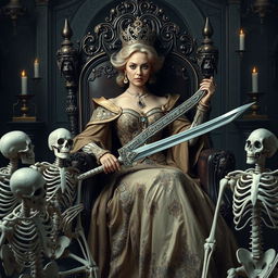 A beautiful queen sitting elegantly on a regal throne, surrounded by loyal skeletons acting as her subjects