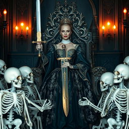 A beautiful queen sitting elegantly on a regal throne, surrounded by loyal skeletons acting as her subjects