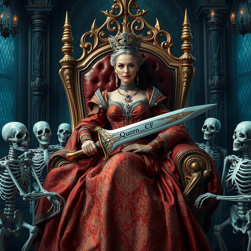 A beautiful queen sitting elegantly on a regal throne, surrounded by loyal skeletons acting as her subjects