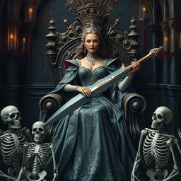 A beautiful queen sitting elegantly on a regal throne, surrounded by loyal skeletons acting as her subjects