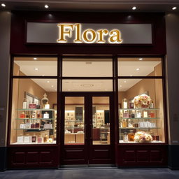 An inviting and stylish perfume store named 'Flora' featuring a maroon and beige color scheme