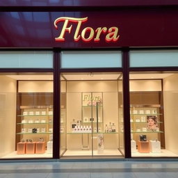 An inviting and stylish perfume store named 'Flora' featuring a maroon and beige color scheme