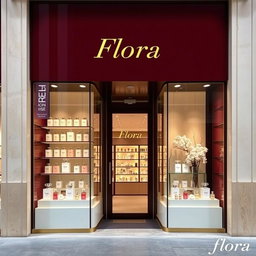 An inviting and stylish perfume store named 'Flora' featuring a maroon and beige color scheme