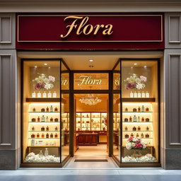 An inviting and stylish perfume store named 'Flora' featuring a maroon and beige color scheme