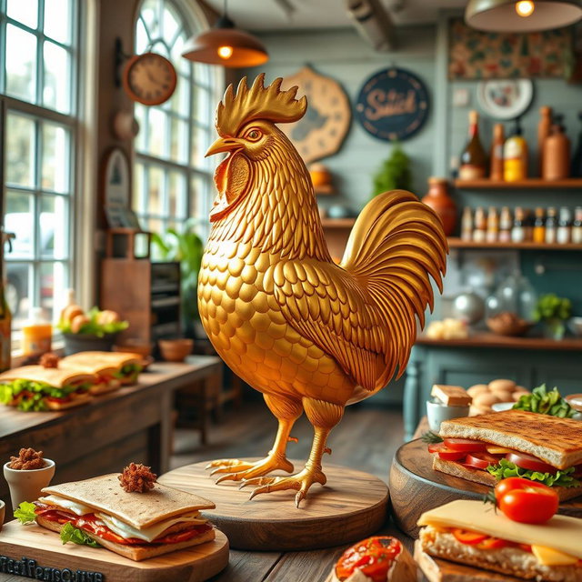 A vibrant and lively sandwich shop tableau featuring a stunning golden chicken design prominently displayed as the centerpiece
