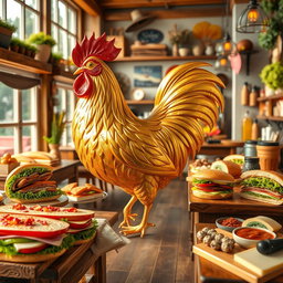 A vibrant and lively sandwich shop tableau featuring a stunning golden chicken design prominently displayed as the centerpiece