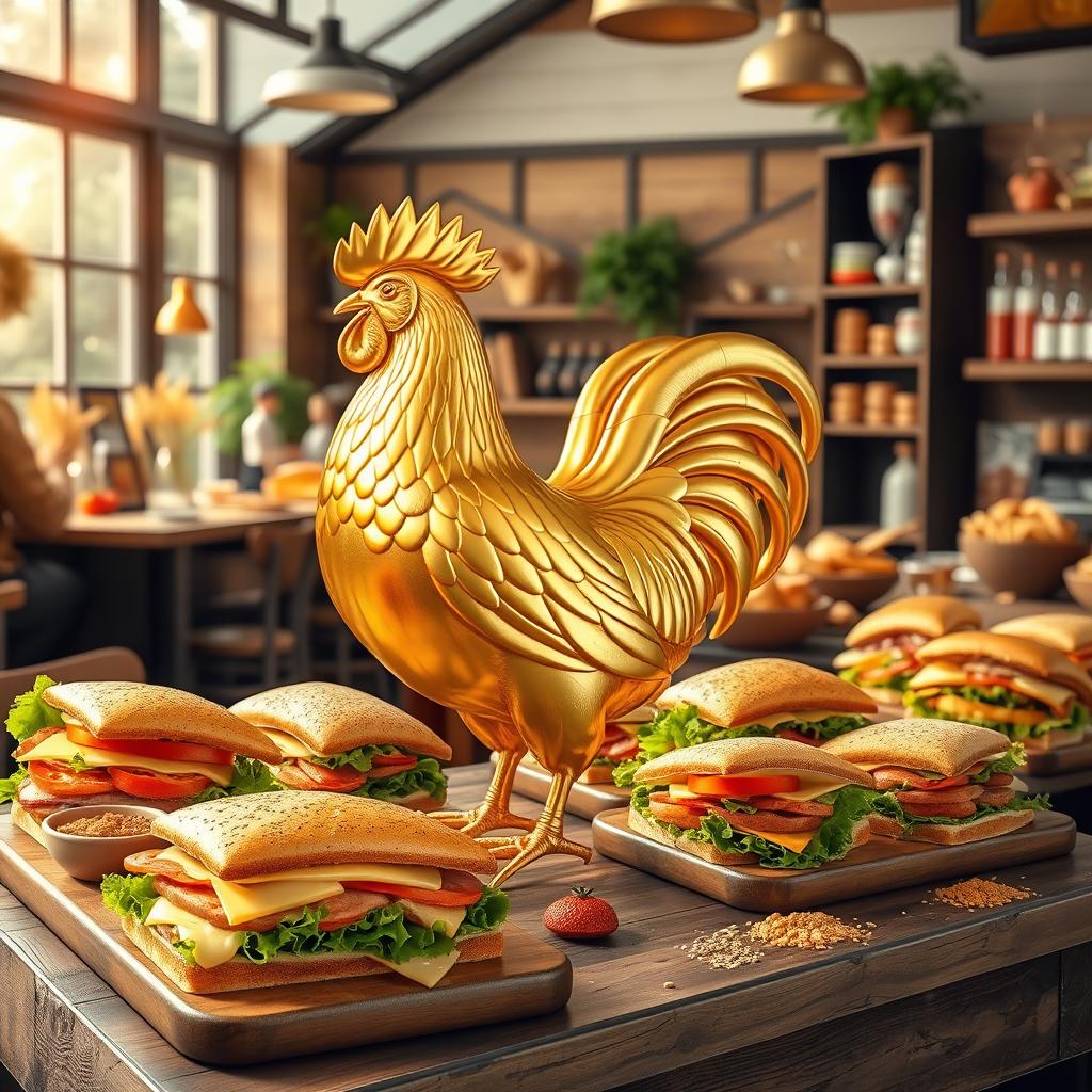 A vibrant and lively sandwich shop tableau featuring a stunning golden chicken design prominently displayed as the centerpiece