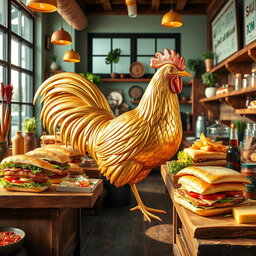 A vibrant and lively sandwich shop tableau featuring a stunning golden chicken design prominently displayed as the centerpiece