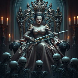 A beautiful queen sitting majestically on her ornate throne, exuding power and elegance as she rules over her loyal skeleton subjects