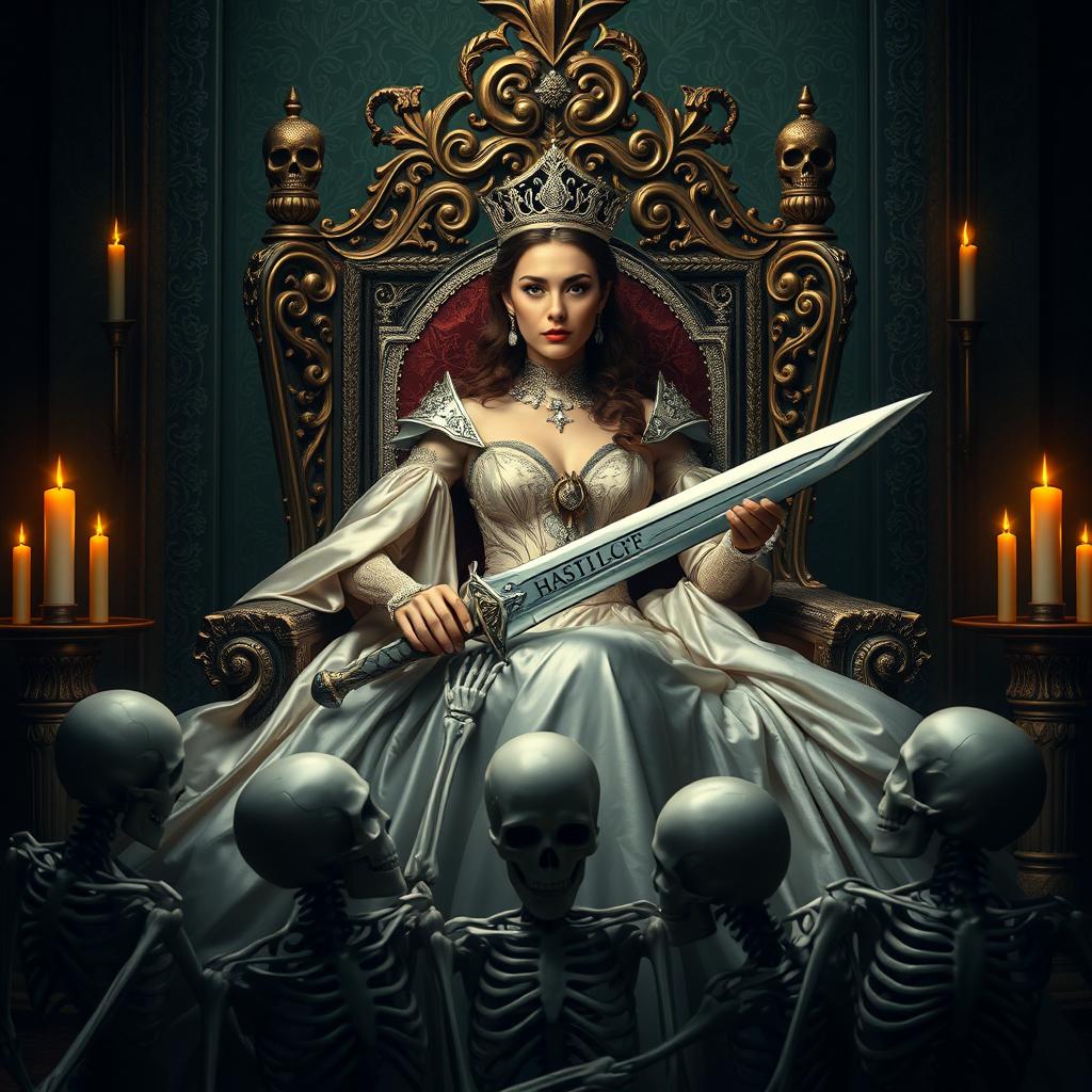 A beautiful queen sitting majestically on her ornate throne, exuding power and elegance as she rules over her loyal skeleton subjects
