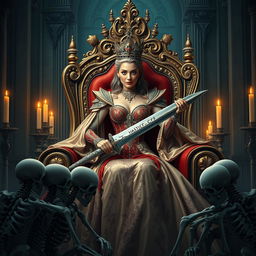 A beautiful queen sitting majestically on her ornate throne, exuding power and elegance as she rules over her loyal skeleton subjects