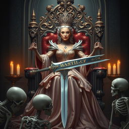 A beautiful queen sitting majestically on her ornate throne, exuding power and elegance as she rules over her loyal skeleton subjects