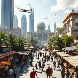A futuristic vision of Syria in 2060, showcasing a harmonious blend of traditional and advanced architecture