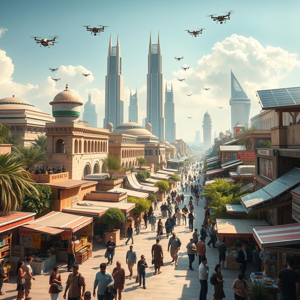 A futuristic vision of Syria in 2060, showcasing a harmonious blend of traditional and advanced architecture