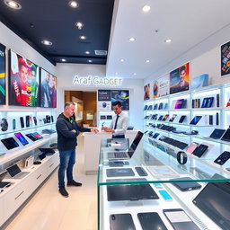 A vibrant and modern gadgets shop interior named 'Araf Gadget', featuring a sleek display of various high-tech devices including smartphones, laptops, smartwatches, and accessories