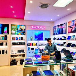 A vibrant and modern gadgets shop interior named 'Araf Gadget', featuring a sleek display of various high-tech devices including smartphones, laptops, smartwatches, and accessories