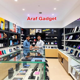A vibrant and modern gadgets shop interior named 'Araf Gadget', featuring a sleek display of various high-tech devices including smartphones, laptops, smartwatches, and accessories