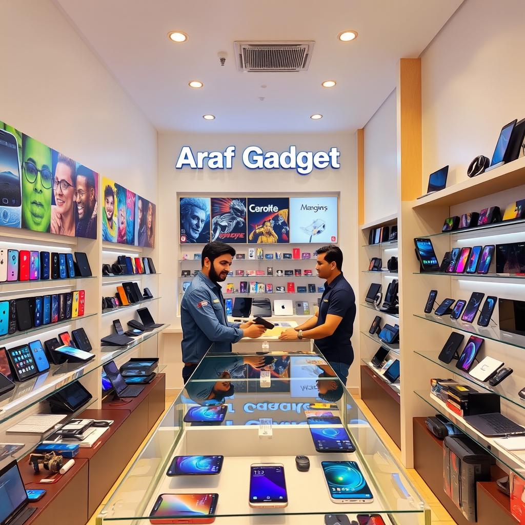 A vibrant and modern gadgets shop interior named 'Araf Gadget', featuring a sleek display of various high-tech devices including smartphones, laptops, smartwatches, and accessories