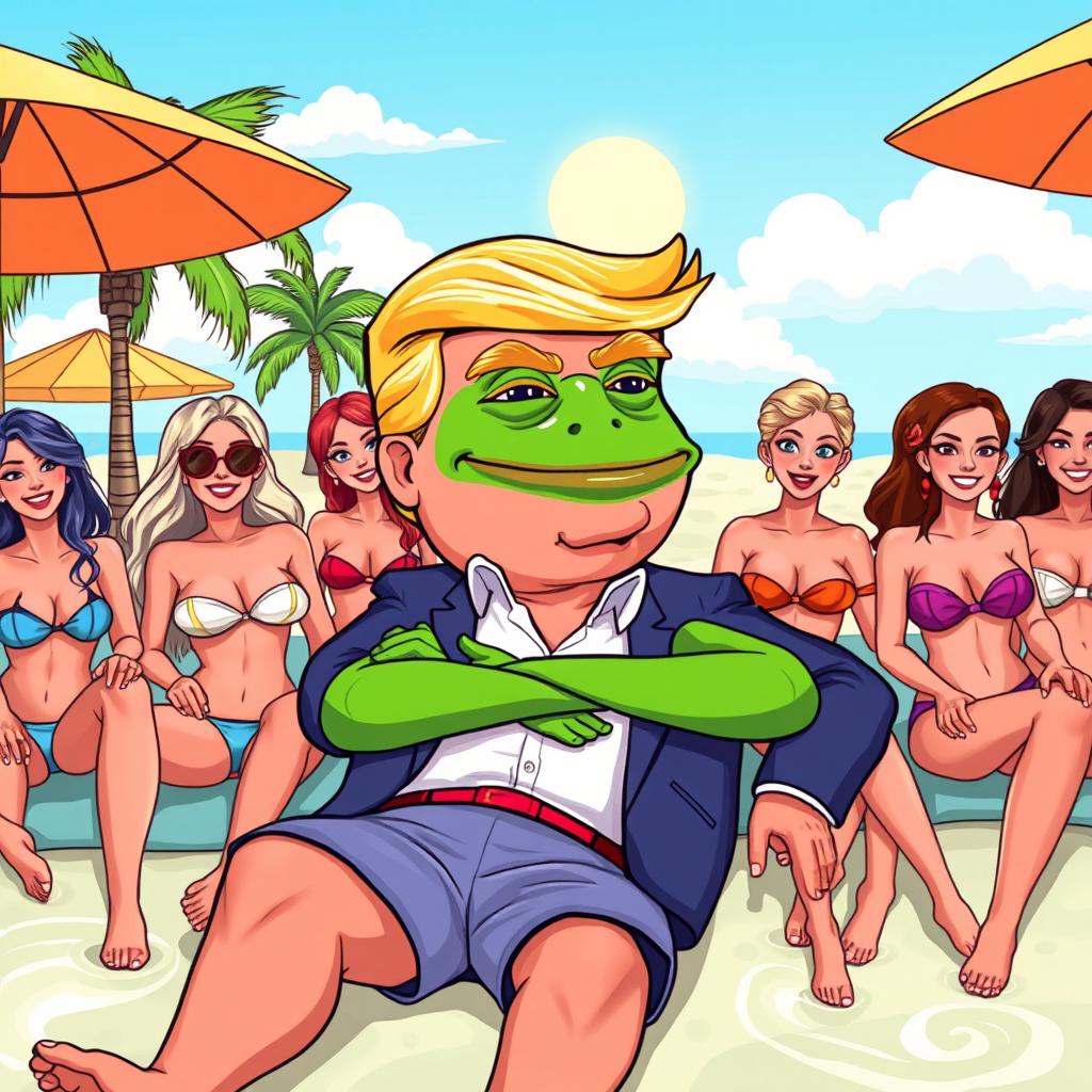 A cartoon-style illustration featuring a relaxed Donald Trump with a Pepe the Frog meme face, lounging on a tropical beach surrounded by attractive women in bikinis