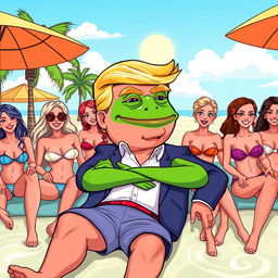 A cartoon-style illustration featuring a relaxed Donald Trump with a Pepe the Frog meme face, lounging on a tropical beach surrounded by attractive women in bikinis